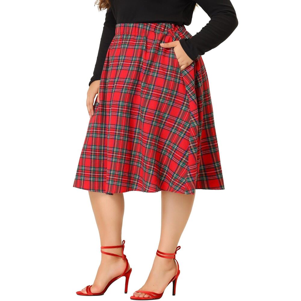 7235 Plus Size Skirts A Line Knee Length Plaid Print Flare Skirt 4X Red